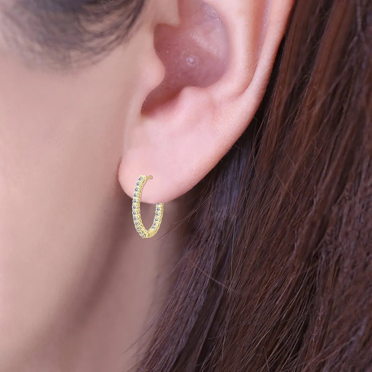 1 Carat Tw Oval Diamond Hoop Earrings With Push Button Locks In 14K Yellow Gold