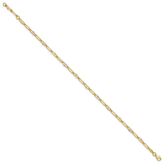 10K Tri-color Polished and Diamond-cut 10in Anklet