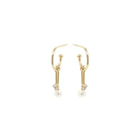 14k Dangling Diamond & Tiny Pearl Bar Thin Huggie Hoops