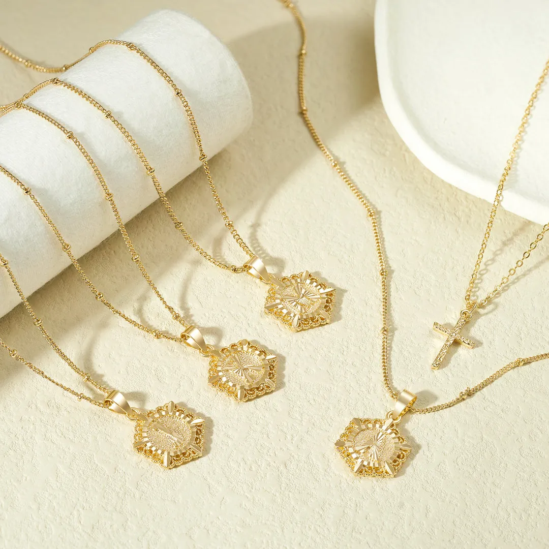 14K Gold Layered Initial Letter Pendant Cross Choker Necklace- Hexagon