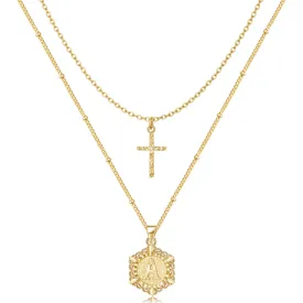 14K Gold Layered Initial Letter Pendant Cross Choker Necklace- Hexagon