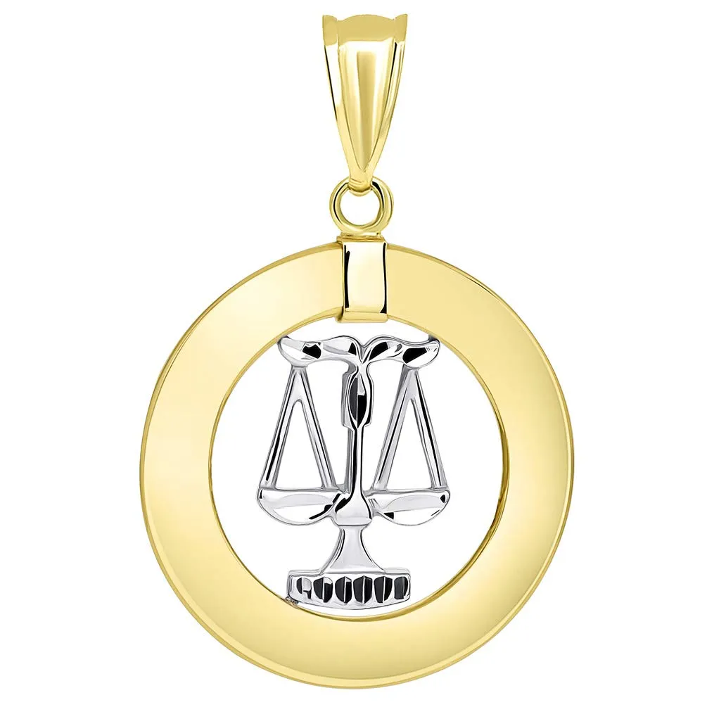 14k Gold Open Circle Libra Zodiac Sign Pendant Cuban Necklace - Two-Tone Gold