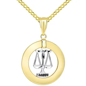 14k Gold Open Circle Libra Zodiac Sign Pendant Cuban Necklace - Two-Tone Gold