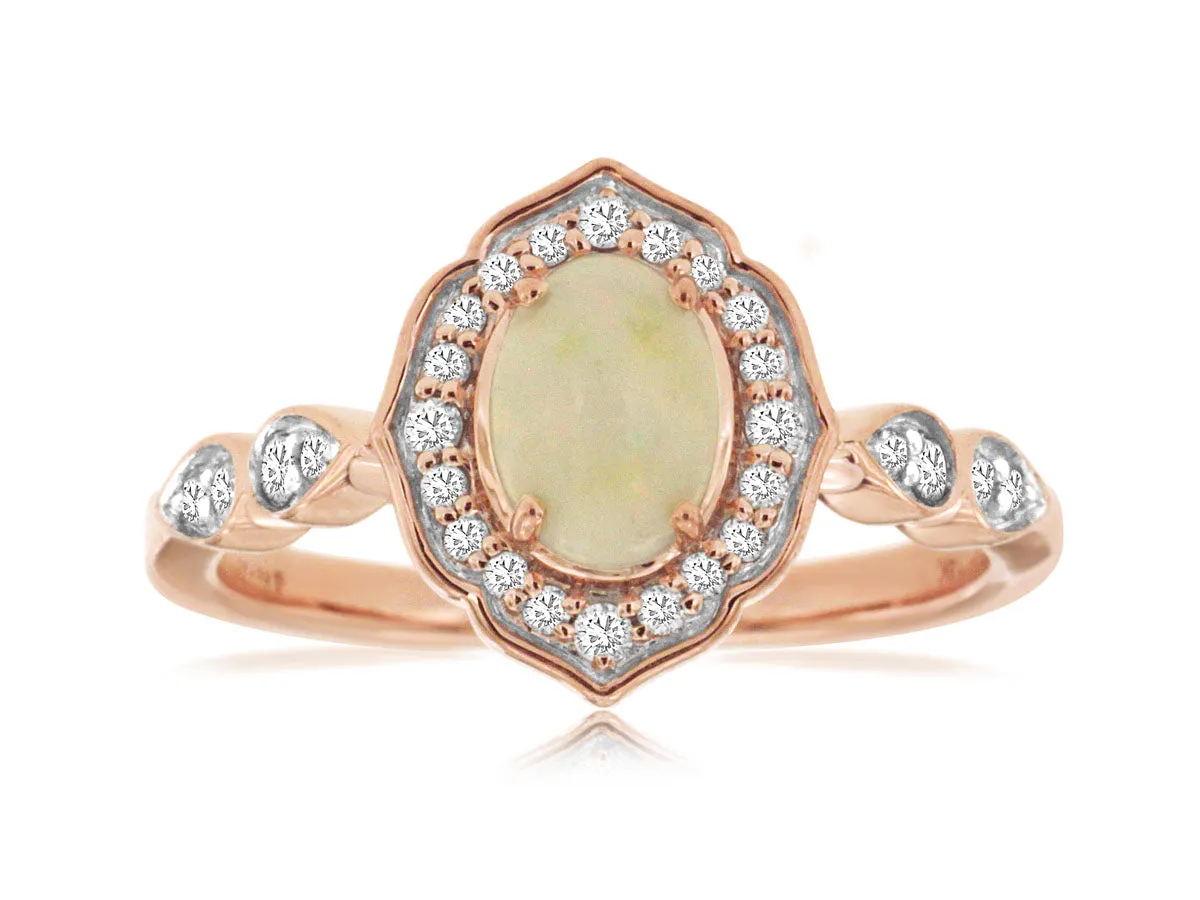 14K Rose Gold Oval Opal and Diamond Ring