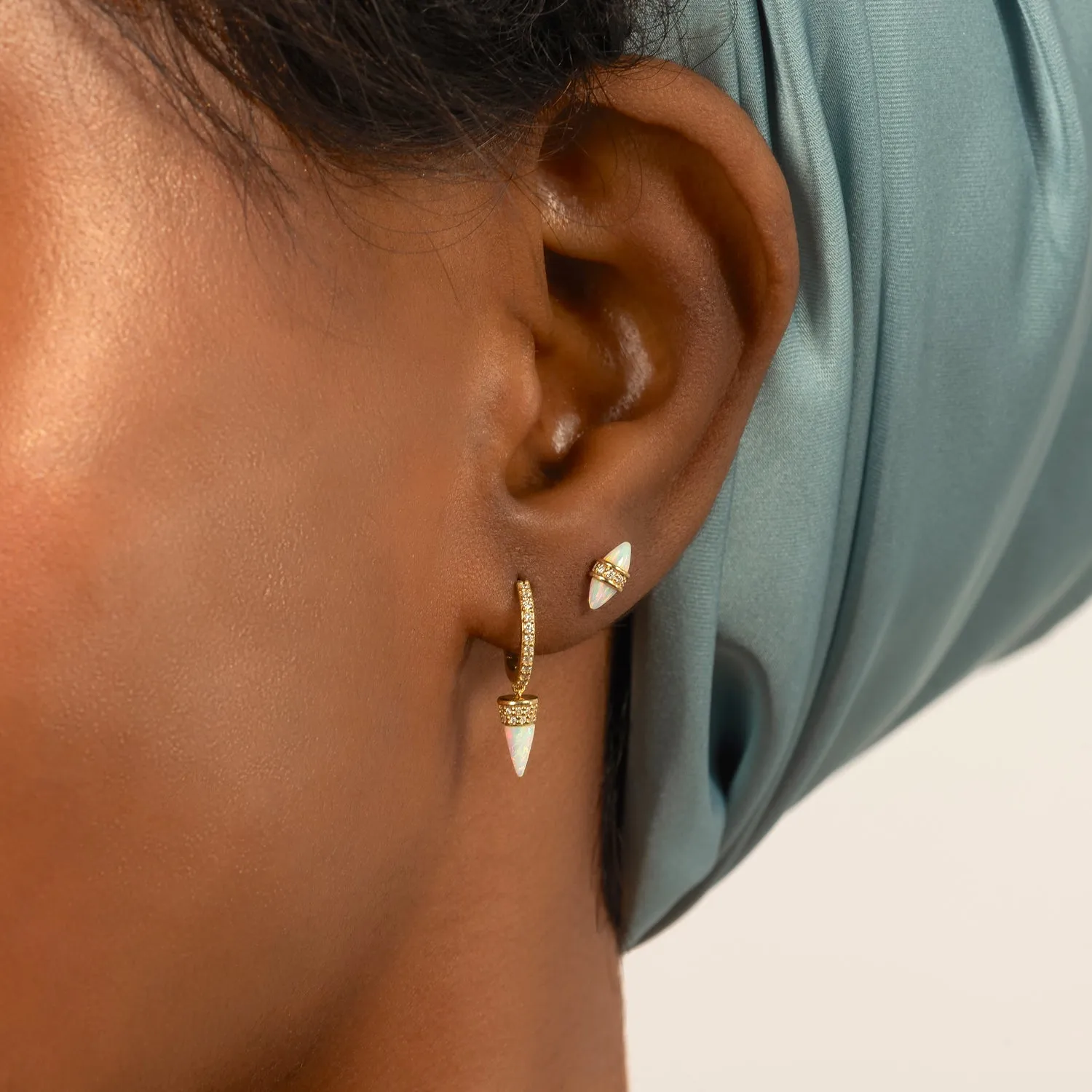 14K Solid Gold Opal Bullet Diamond Hoop Earrings