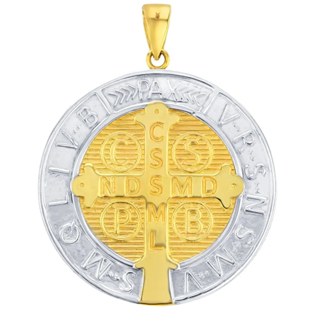 14K Solid Gold Polished St Benedict Medal Charm Saint Pendant Figaro Chain Necklace - Yellow Gold