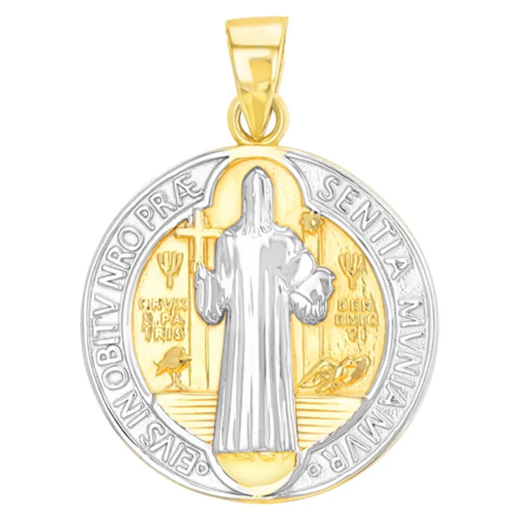 14K Solid Gold Polished St Benedict Medal Charm Saint Pendant Figaro Chain Necklace - Yellow Gold