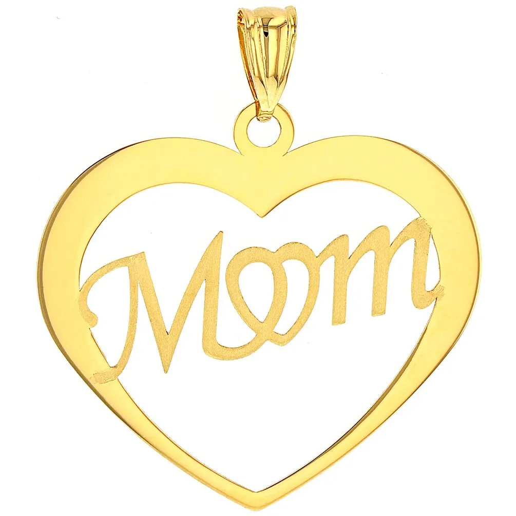 14K Solid Yellow Gold Simple Heart with Mom Pendant Figaro Chain Necklace