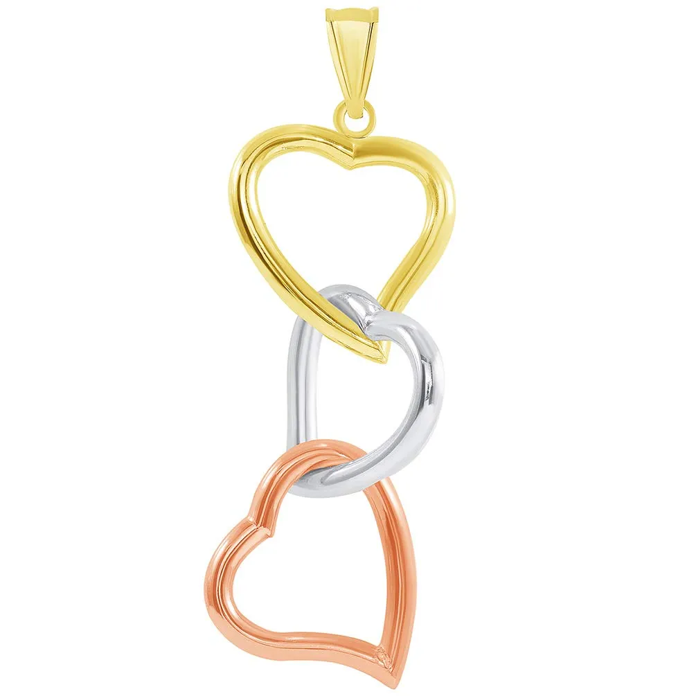 14k Tri-Color Gold Three Hearts Interlocking Dangling Down Pendant with Figaro Necklace