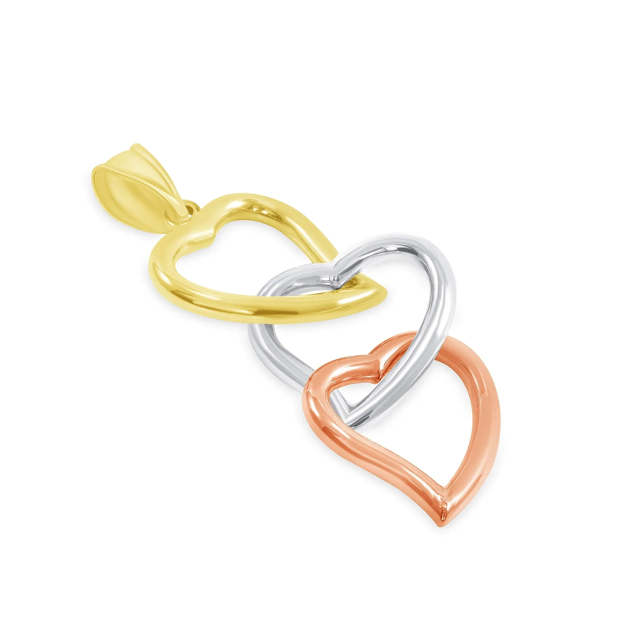 14k Tri-Color Gold Three Hearts Interlocking Dangling Down Pendant with Figaro Necklace