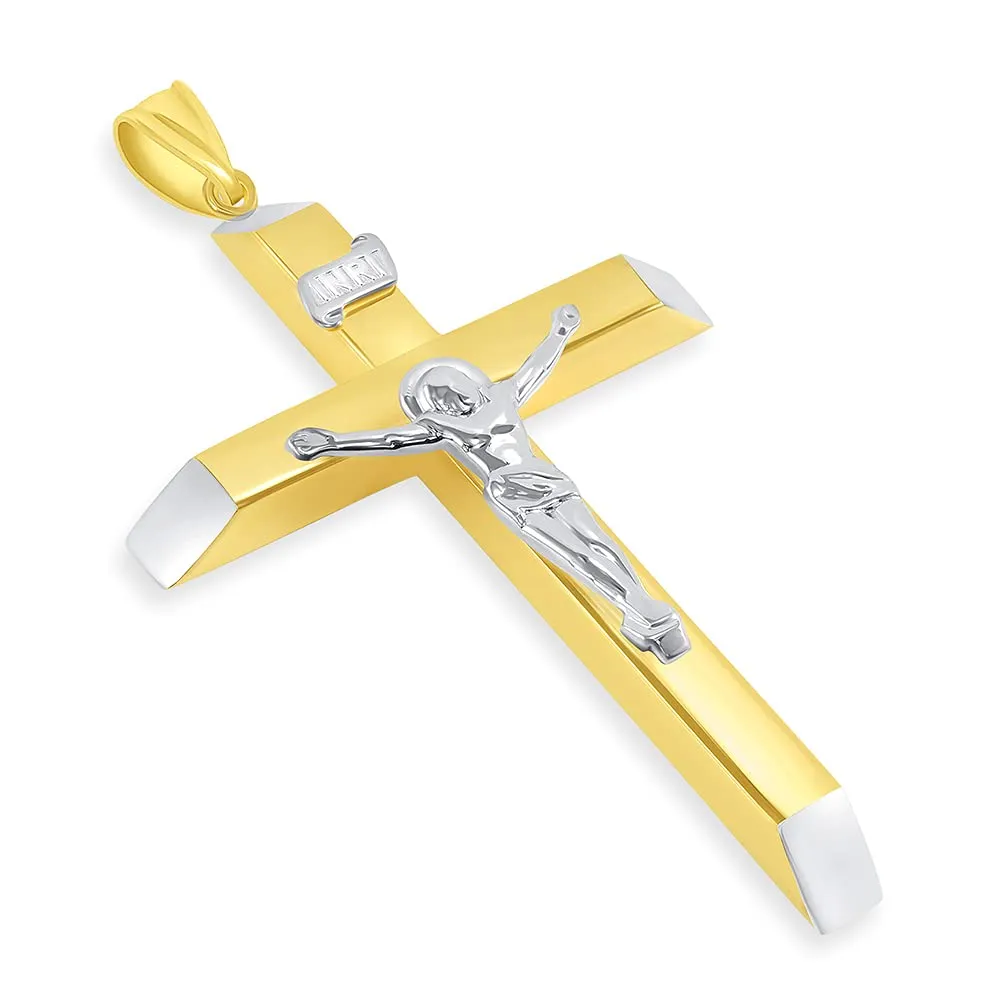 14k Two-Tone Gold 4mm Thick INRI Tubular Large Crucifix Slanted-Edge Cross Pendant with Figaro Chain Necklace
