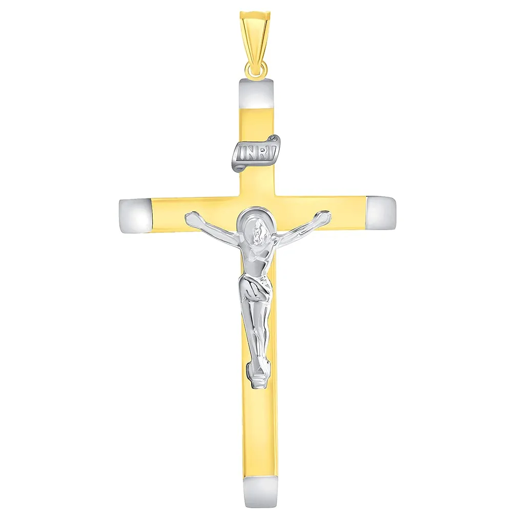 14k Two-Tone Gold 4mm Thick INRI Tubular Large Crucifix Slanted-Edge Cross Pendant with Figaro Chain Necklace