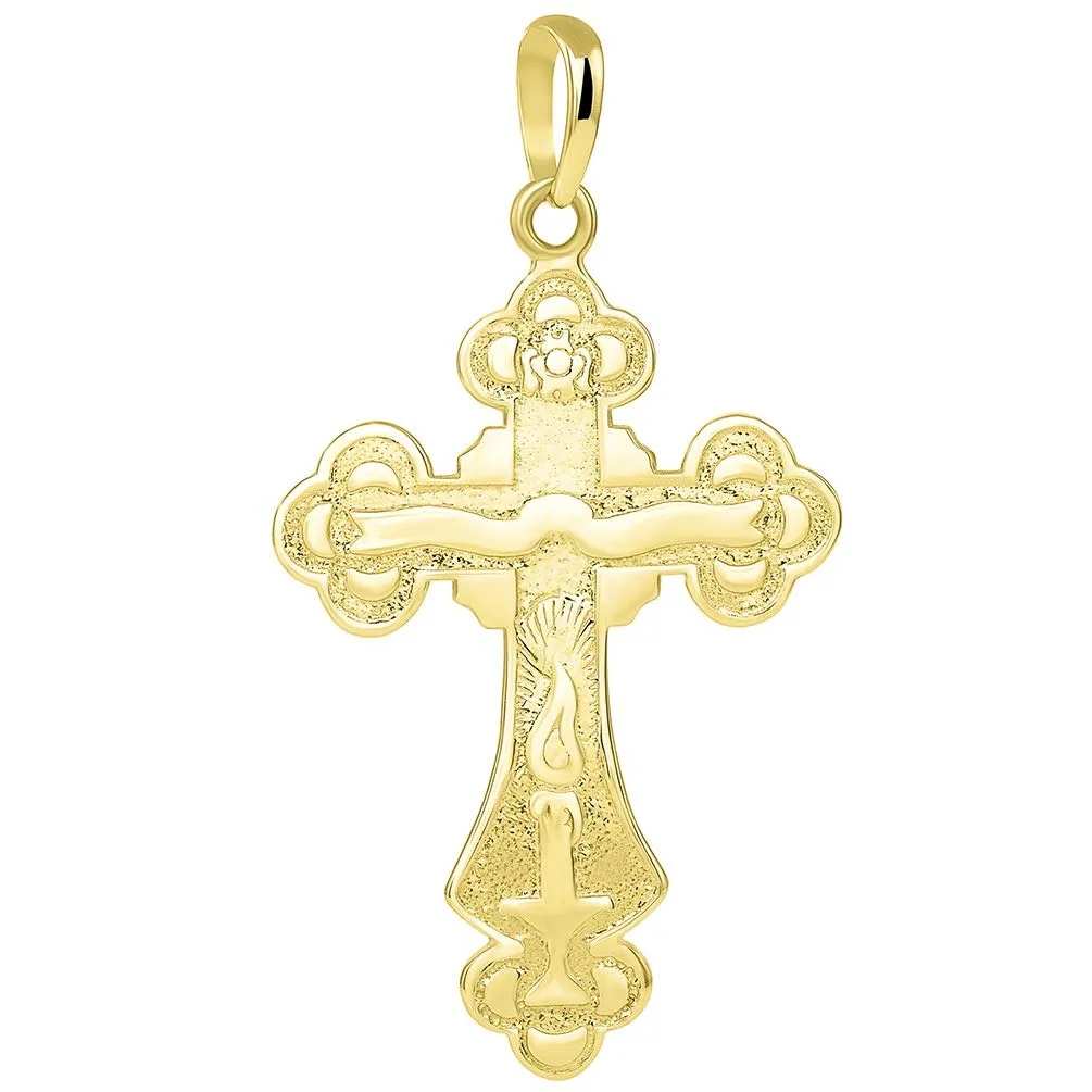 14k Two Tone Gold Botonnee St. Olga Orthodox Cross IC XC NIKA Crucifix Pendant with Figaro Necklace