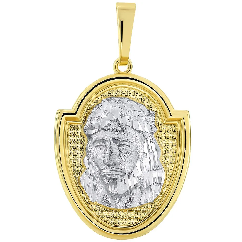 14k Two-Tone Gold Jesus Christ Medallion Scripted God Bless Us Pendant with Curb Chain Necklace