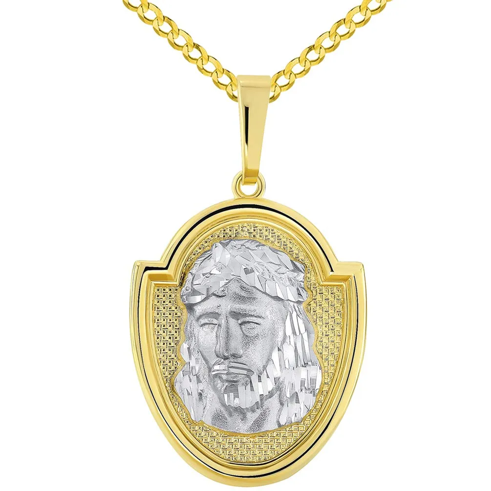 14k Two-Tone Gold Jesus Christ Medallion Scripted God Bless Us Pendant with Curb Chain Necklace
