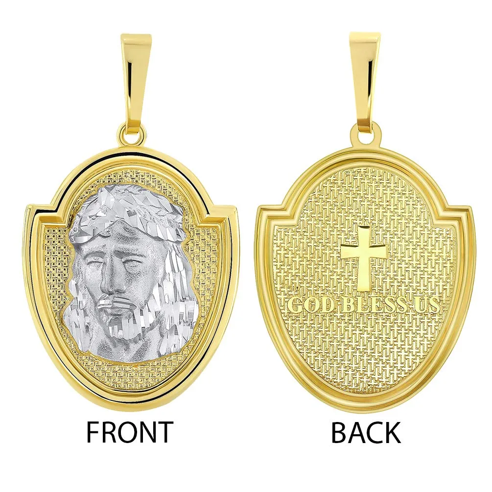 14k Two-Tone Gold Jesus Christ Medallion Scripted God Bless Us Pendant with Curb Chain Necklace
