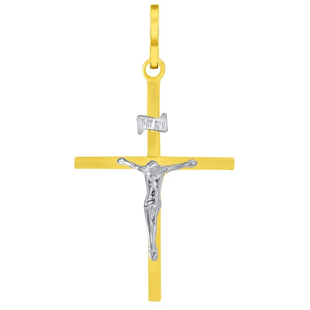 14k Two-Tone Gold Simple Catholic INRI Jesus Crucifix Pendant with Cuban Curb Chain Necklace