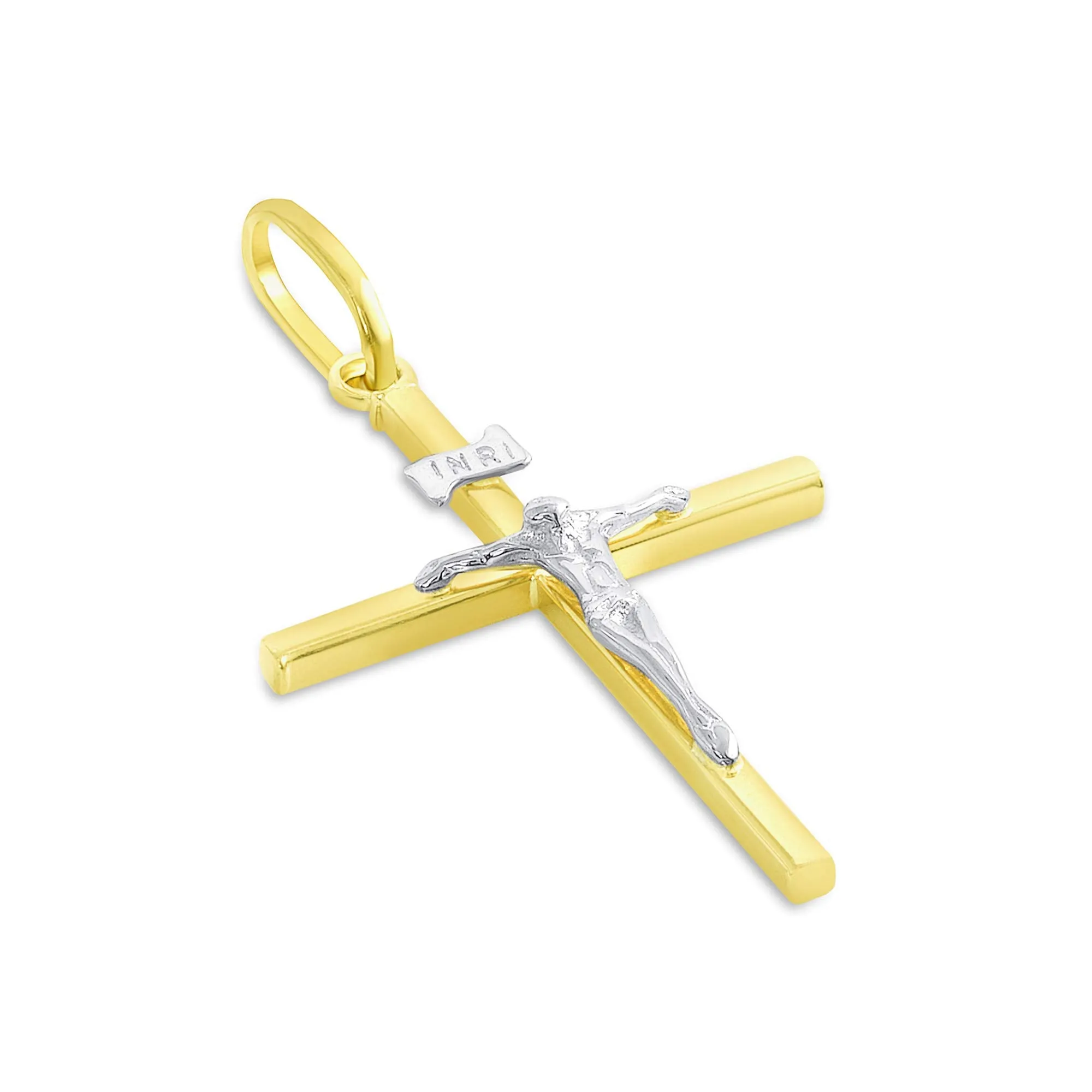 14k Two-Tone Gold Simple Catholic INRI Jesus Crucifix Pendant with Cuban Curb Chain Necklace