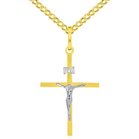 14k Two-Tone Gold Simple Catholic INRI Jesus Crucifix Pendant with Cuban Curb Chain Necklace