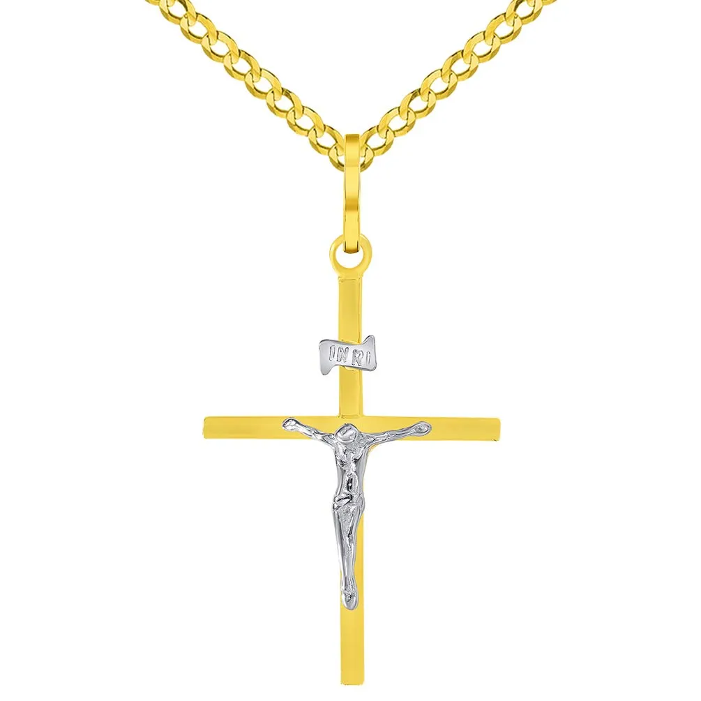 14k Two-Tone Gold Simple Catholic INRI Jesus Crucifix Pendant with Cuban Curb Chain Necklace