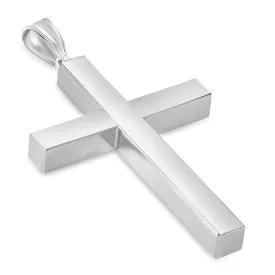 14k White Gold Large Religious Plain Hollow Square Tube Cross Pendant (Depth Thickness 4mm)
