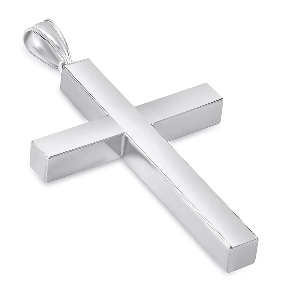 14k White Gold Large Religious Plain Hollow Square Tube Cross Pendant (Depth Thickness 4mm)