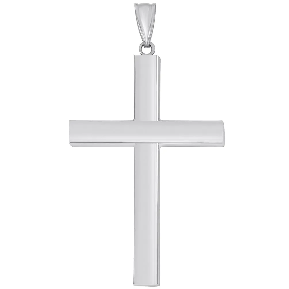 14k White Gold Large Religious Plain Hollow Square Tube Cross Pendant (Depth Thickness 4mm)