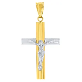 14K Yellow Gold & White Gold Religious Cross Crucifix with Jesus Christ Pendant