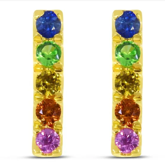 14K Yellow Gold Rainbow Sapphire Bar Earrings By Brevani