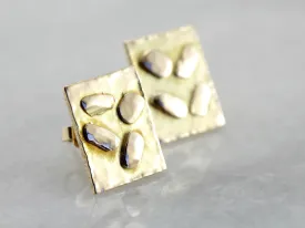 Abstract Gold Earrings, Stud Earrings with Hammered Gold Nuggets in Rectangle Frame