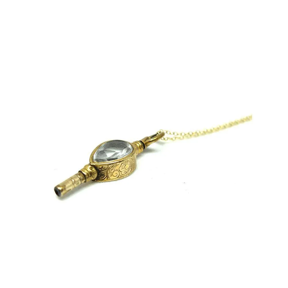 Antique Victorian Rock Crystal Engraved Watch Key Pendant Necklace