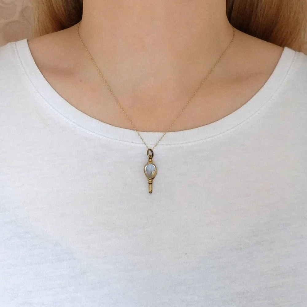 Antique Victorian Rock Crystal Engraved Watch Key Pendant Necklace