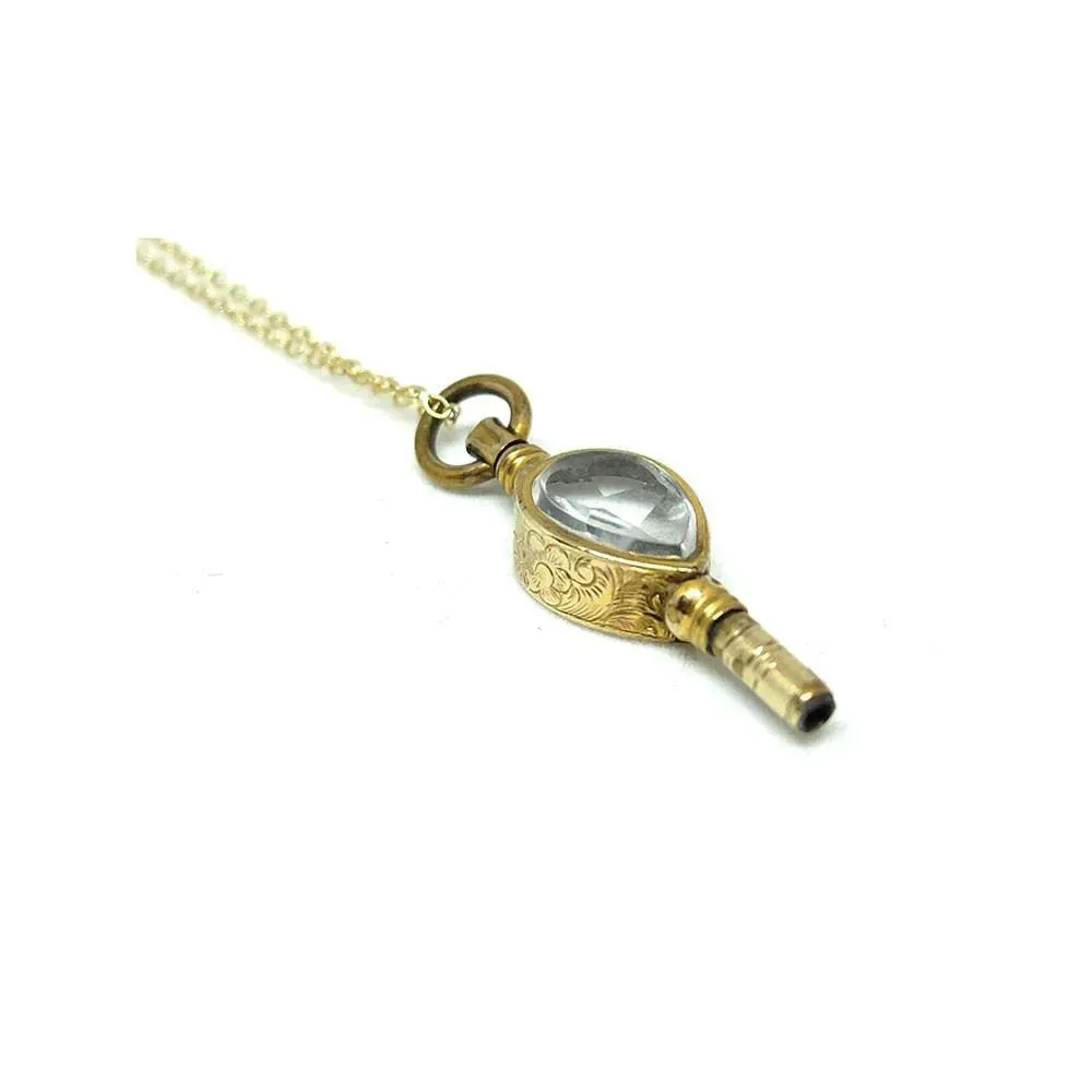Antique Victorian Rock Crystal Engraved Watch Key Pendant Necklace