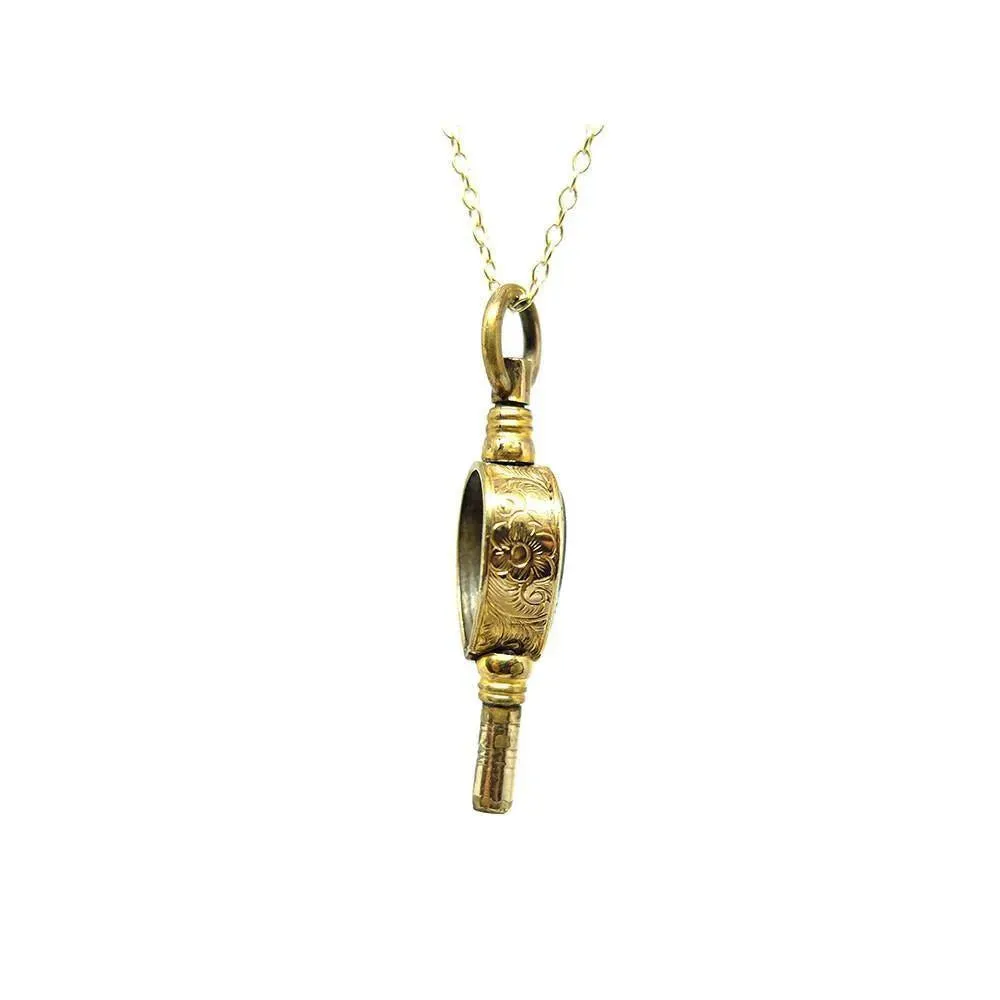 Antique Victorian Rock Crystal Engraved Watch Key Pendant Necklace