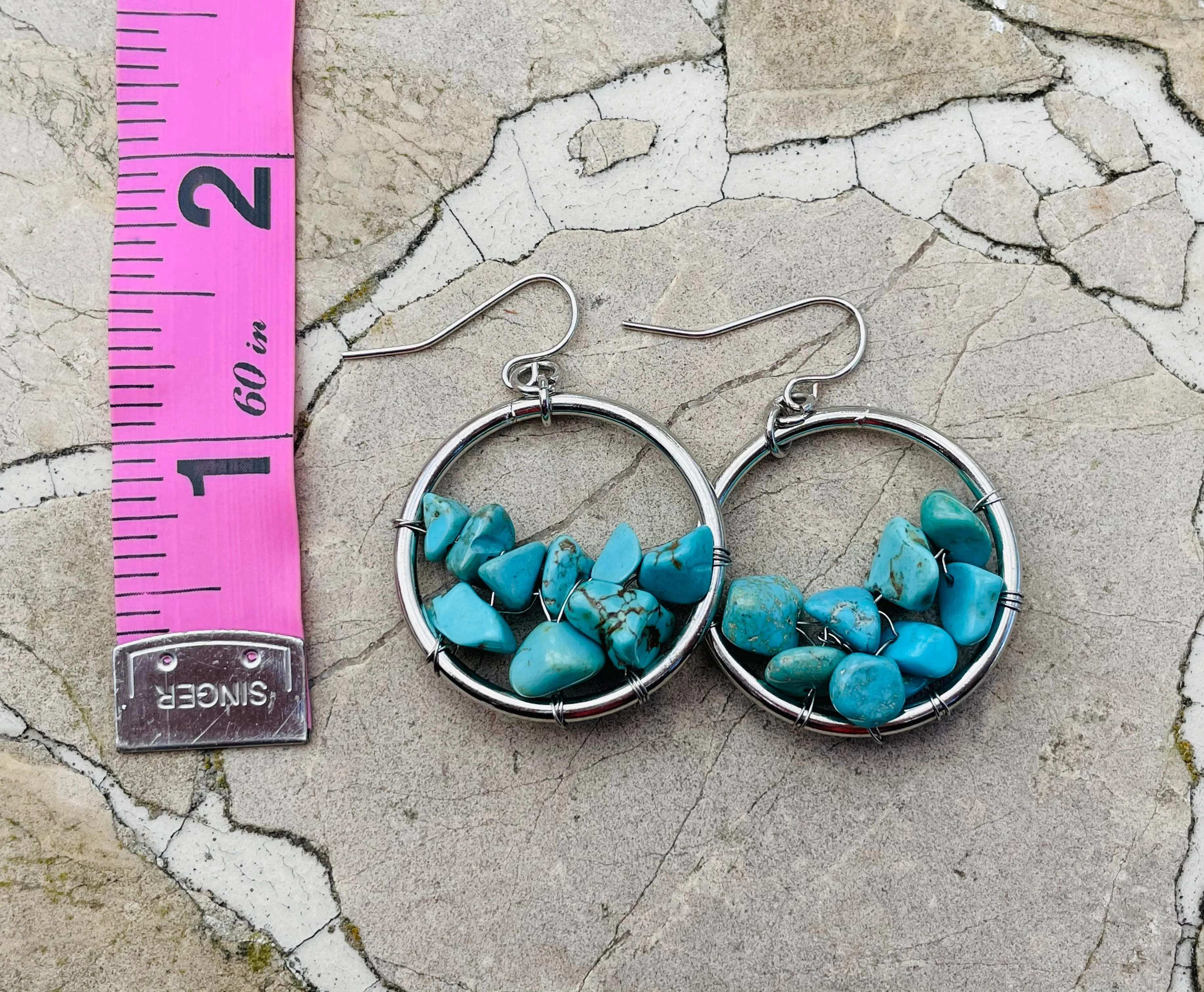 Artisan Blue Faux Turquoise Stone Silver ToneHoop Hanging Pierced Earrings