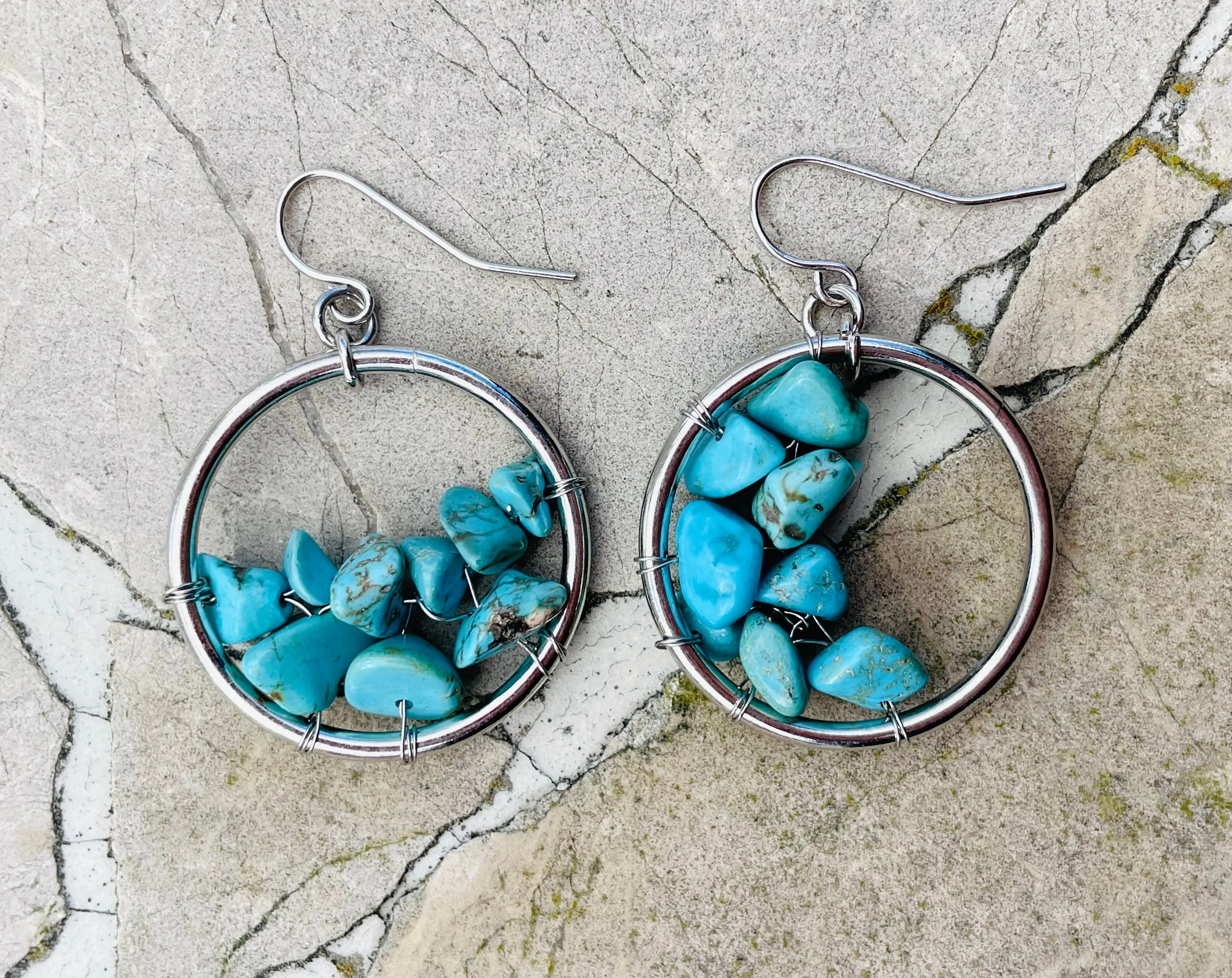 Artisan Blue Faux Turquoise Stone Silver ToneHoop Hanging Pierced Earrings