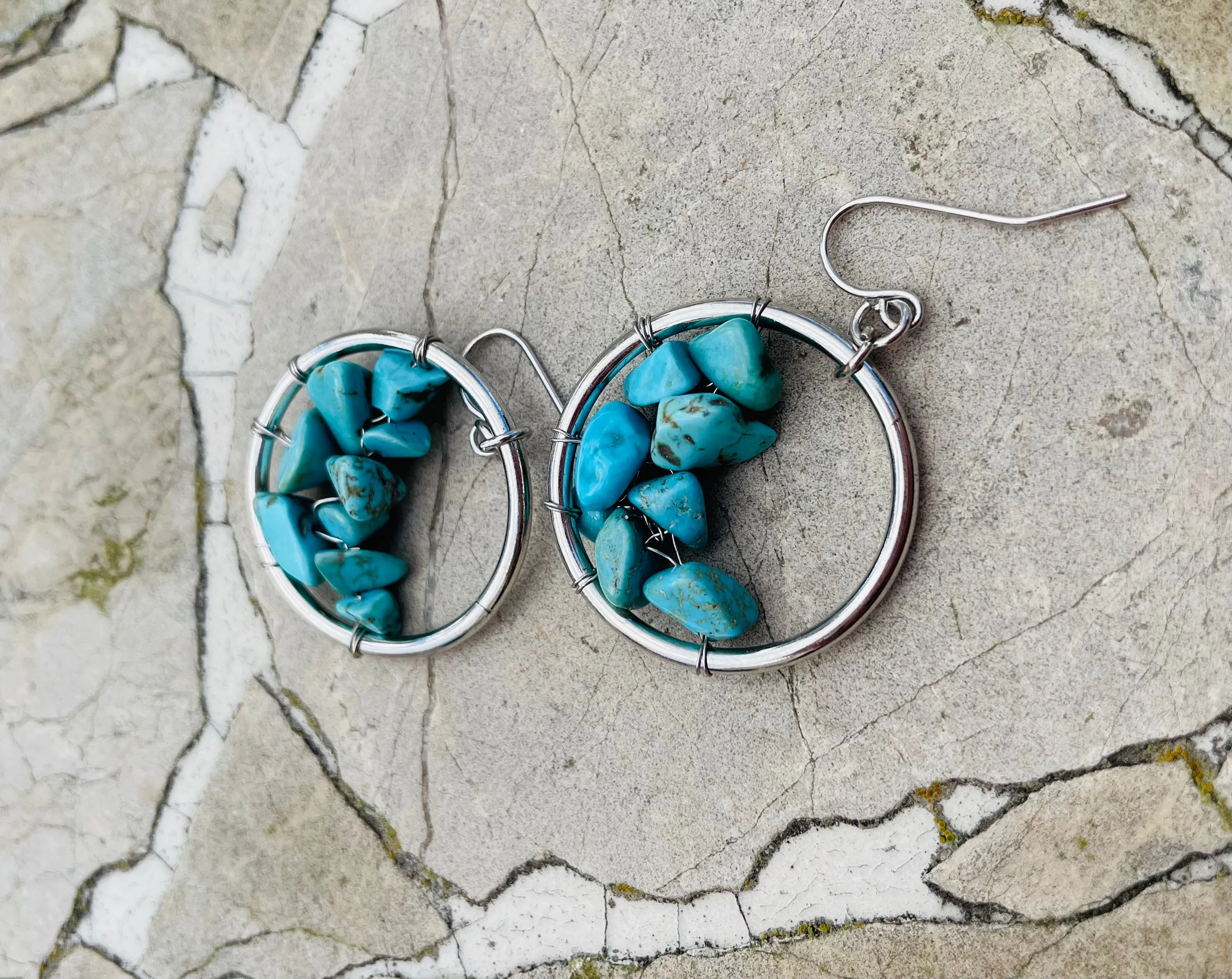 Artisan Blue Faux Turquoise Stone Silver ToneHoop Hanging Pierced Earrings