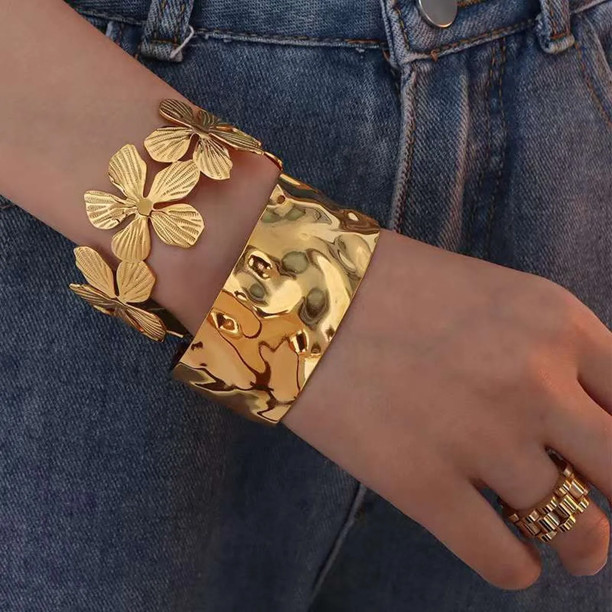 Beaten Glossy 18K Gold Anti Tarnish Cuff Kada For Women