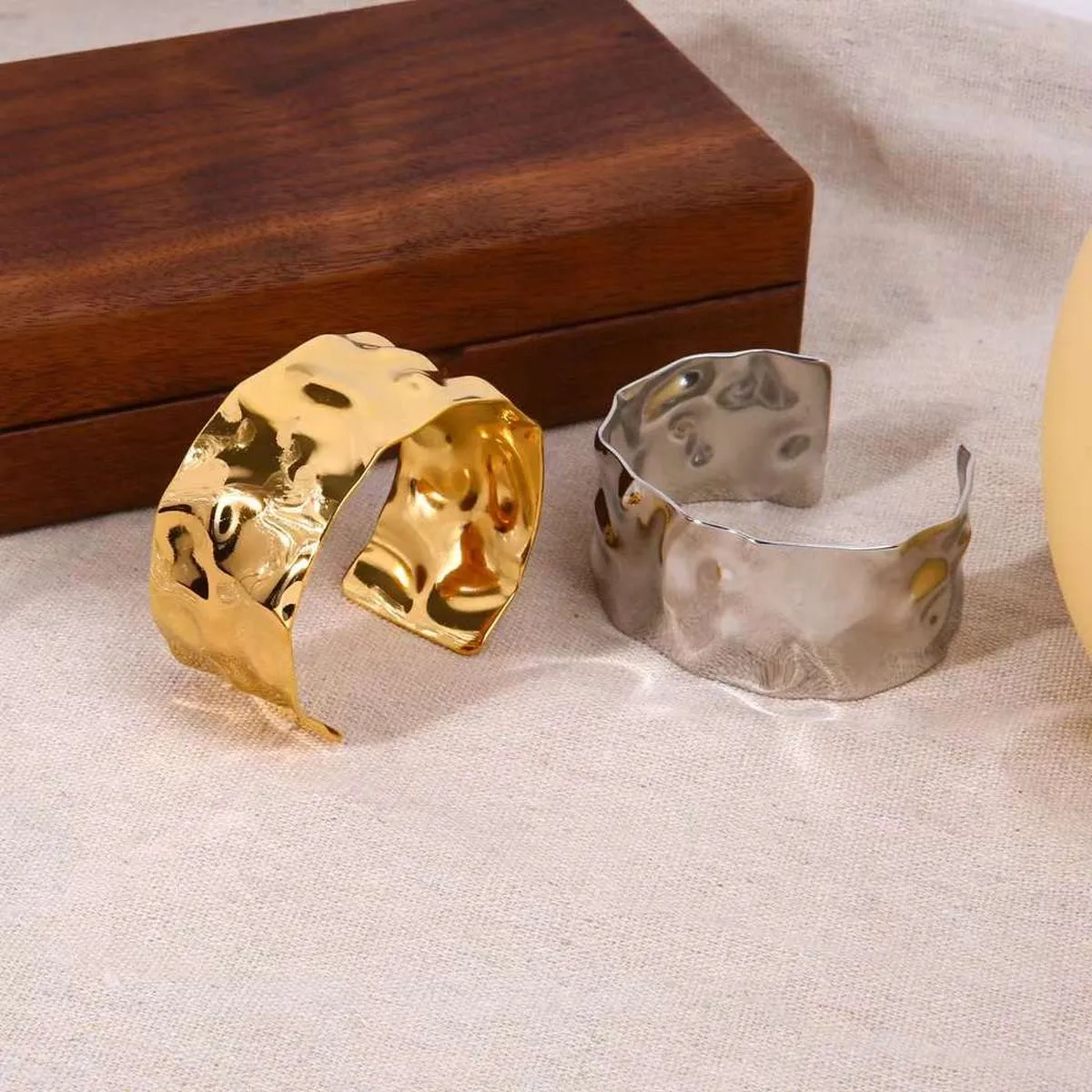 Beaten Glossy 18K Gold Anti Tarnish Cuff Kada For Women