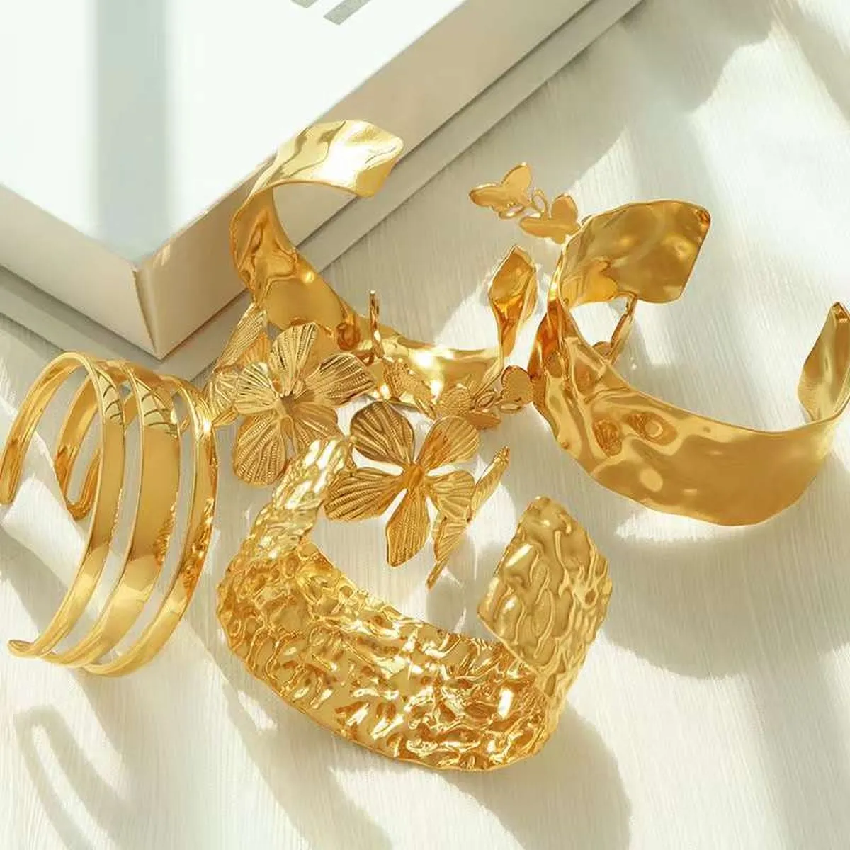 Beaten Glossy 18K Gold Anti Tarnish Cuff Kada For Women