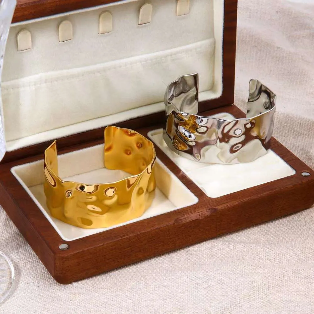 Beaten Glossy 18K Gold Anti Tarnish Cuff Kada For Women