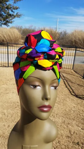Black Multicolor African Fabric Headwrap. Ankara Headwrap