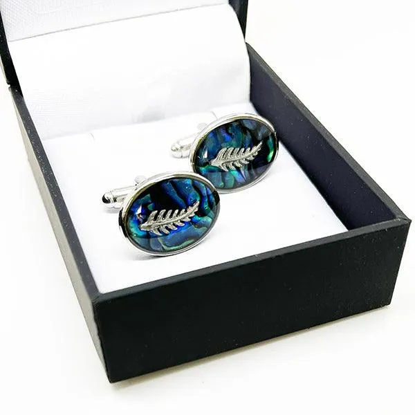 Black or NZ Paua Shell Silver Fern Cufflinks