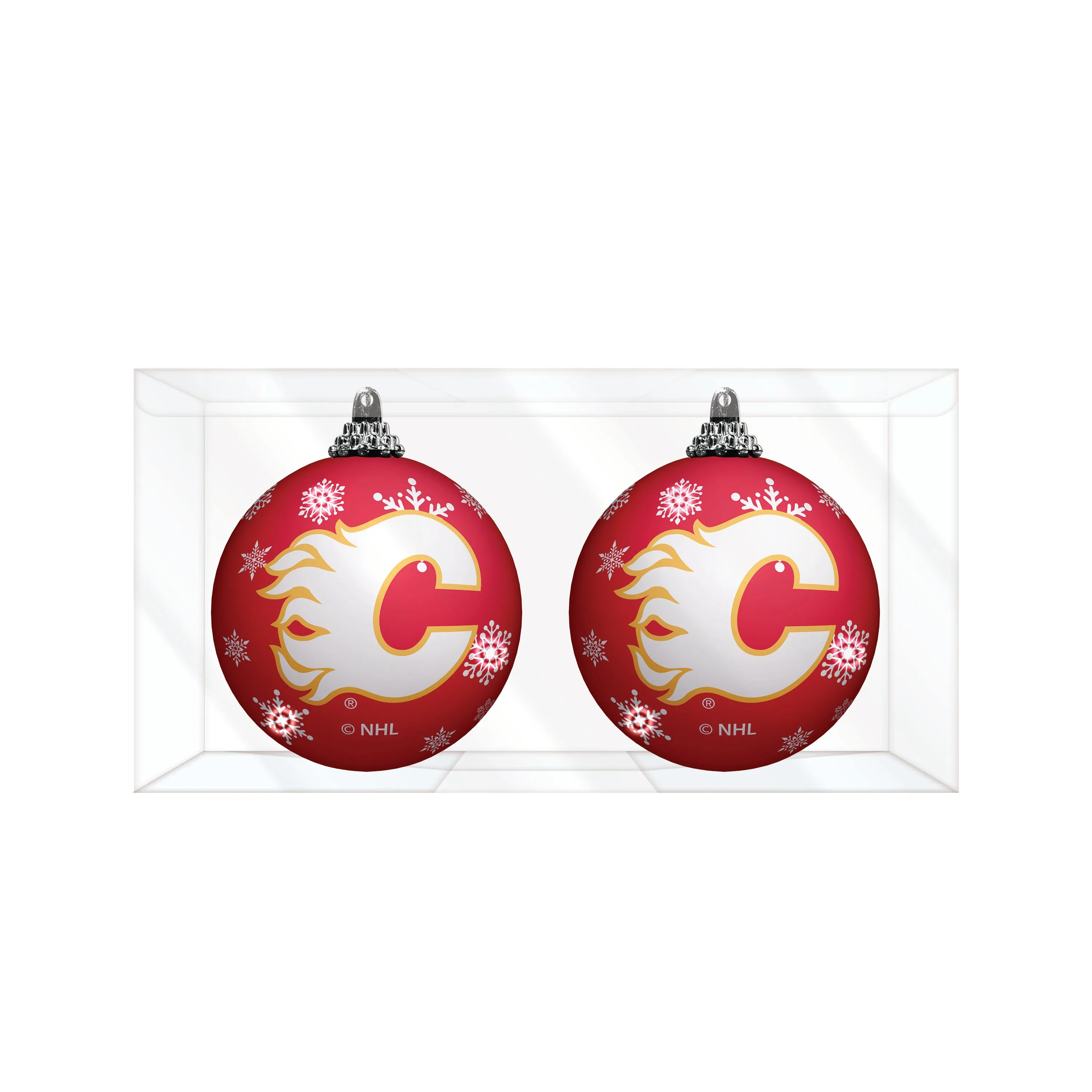 Calgary Flames Primary Logo Light Up Single Ball Christmas Ornament Snowy - 2 Pack