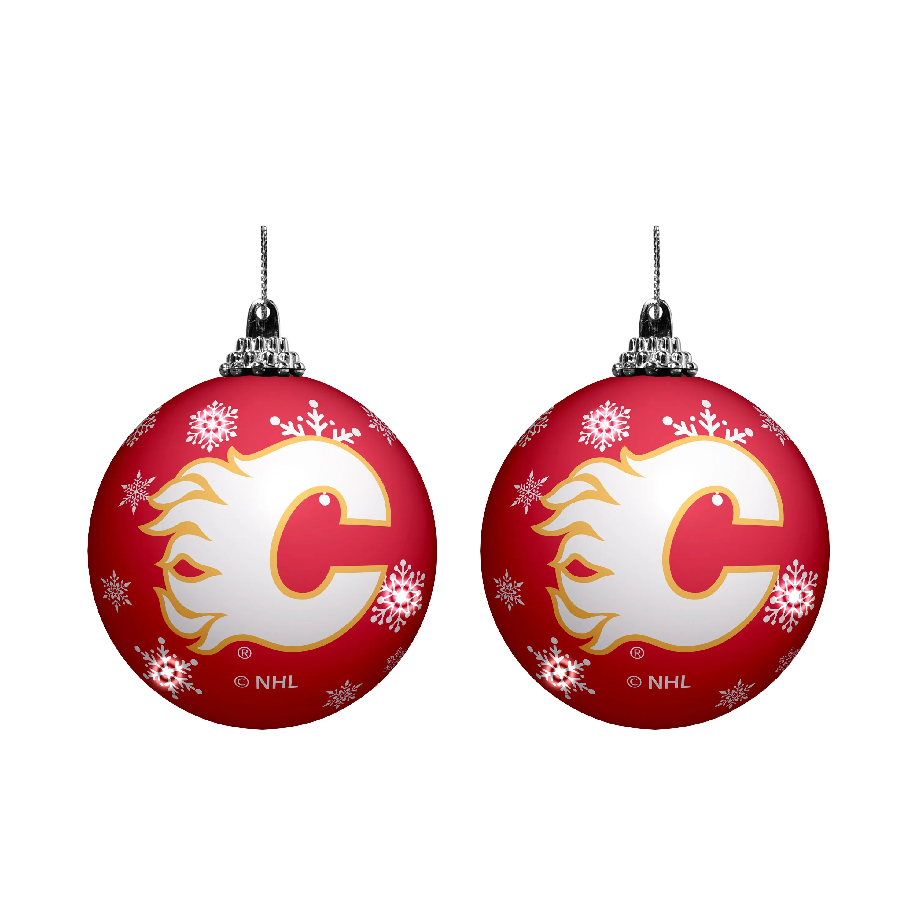 Calgary Flames Primary Logo Light Up Single Ball Christmas Ornament Snowy - 2 Pack