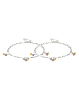 Carlton London -Set Of 2 Rhodium-Plated Silver Toned Purple & Yellow Link Beaded Anklets For Women
