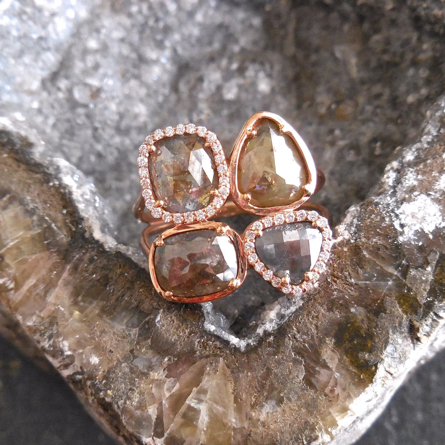 Cluster Rose Cut Diamond Ring - Rose Cut Diamond Ring - Unique Rose cut Gold Ring
