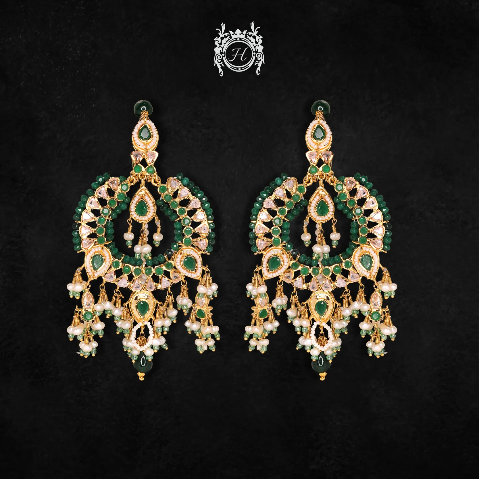 Earrings in Jade, Kundan and Pearls
