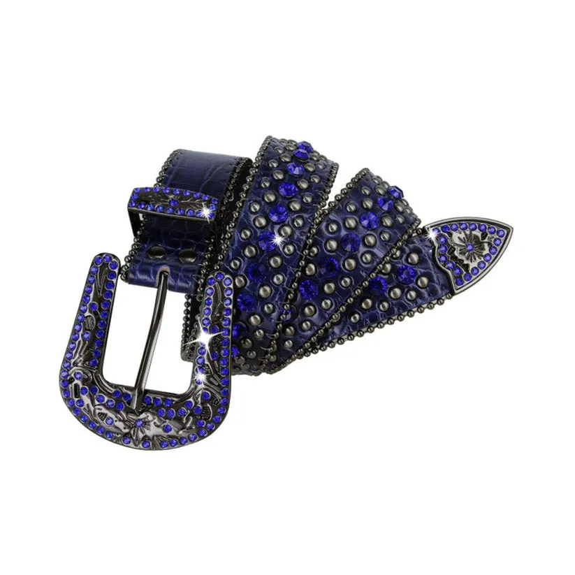 Engraved Buckle Western Navy Strap With Blue Studded Rhinestone Belt