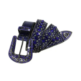 Engraved Buckle Western Navy Strap With Blue Studded Rhinestone Belt